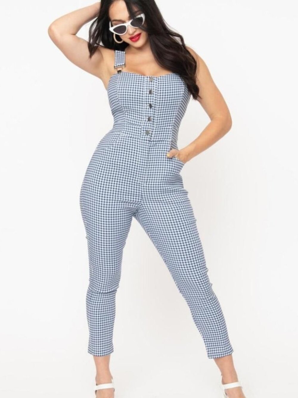 Unique Vintage Eartha blue gingham jumpsuit stretch retro pinup vamp vixen Large